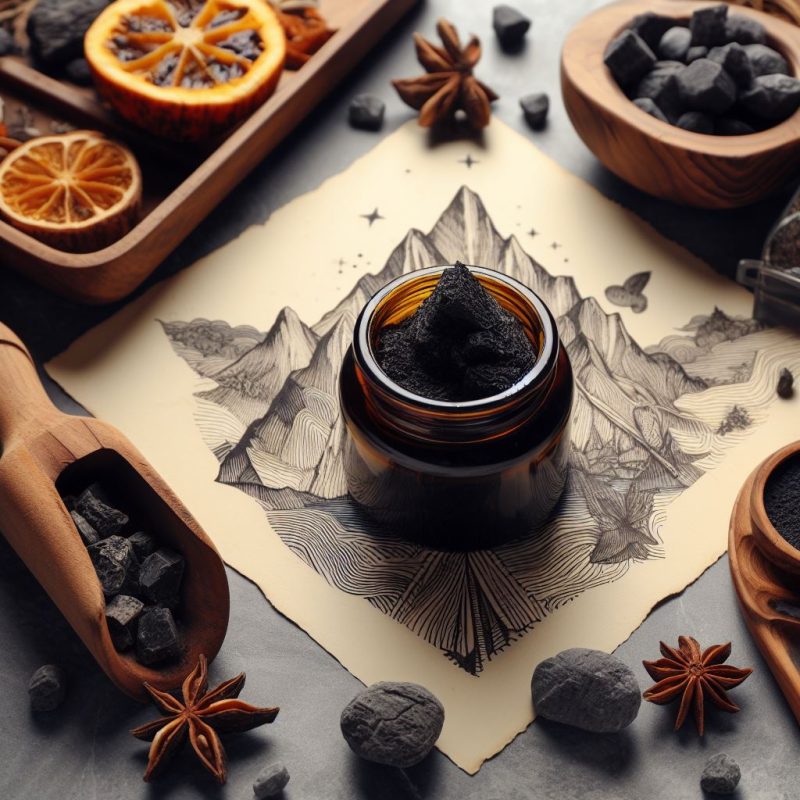 Overhead view of a jar of black Shilajit resin on a printed mountain illustration, surrounded by natural elements including dried orange slices, star anise, charcoal pieces, and a wooden scoop, creating an aesthetically pleasing composition that invokes natural wellness.