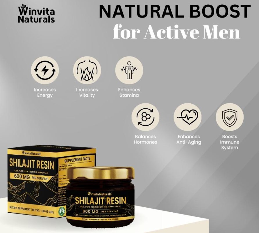 Graphic showcasing Winvita Naturals Shilajit Resin product with benefits for active men, highlighting energy boost, vitality, stamina enhancement, hormone balance, anti-aging, and immune system support.