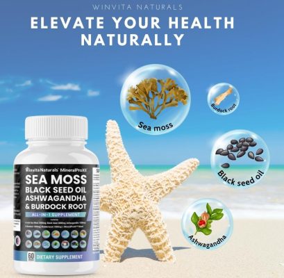 A bottle of Winvita Naturals dietary supplement is prominently displayed on a sunny beach backdrop, with a starfish beside it and illustrated bubbles showcasing key ingredients like sea moss, black seed oil, burdock root, and ashwagandha.