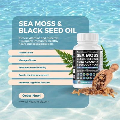 A bottle of Winvita Naturals Sea Moss & Black Seed Oil supplement with Ashwagandha & Burdock Root is superimposed on a serene water background, accompanied by benefits listed such as radiant skin, stress management, vitality enhancement, immune system boost, and cognitive function improvement.