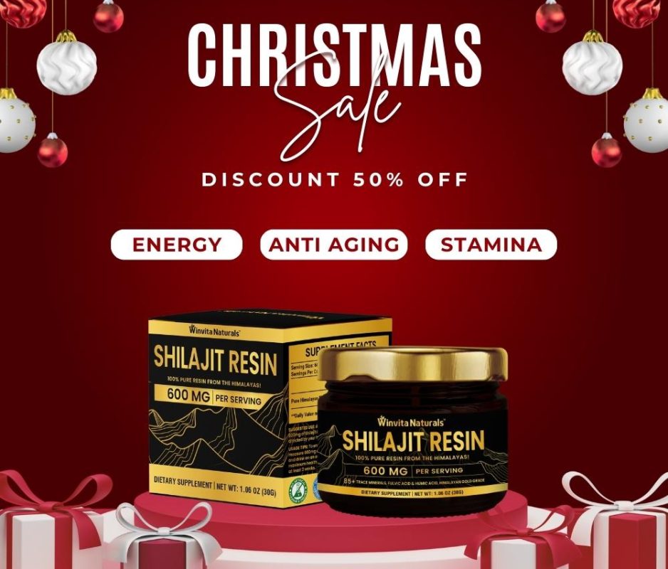 Christmas sale advertisement featuring a 50% off banner with Winvita Naturals' Shilajit Resin jars in front of a festive red background with hanging Christmas ornaments.
