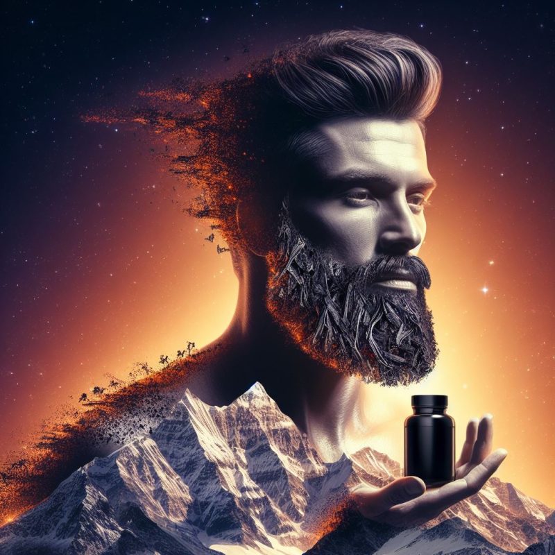 A stylized image of a man with a mountain range for a beard and a starry sky for hair, holding a black supplement bottle, symbolizing the powerful natural essence of the product.