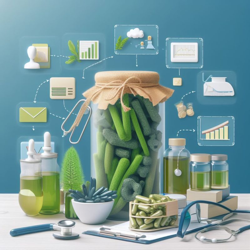 A conceptual health and wellness image featuring a large jar filled with green capsules, a stethoscope, bottles of liquid supplements, and pills on a desk, with graphic icons representing data analytics and medical information floating above.