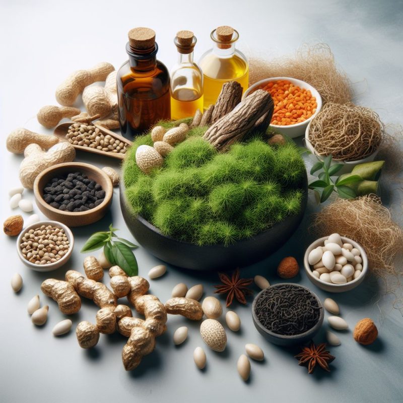 A variety of natural supplements and herbs are displayed, including bottles of oils, nuts, seeds, roots, and a bowl of green moss, suggesting a holistic health theme.