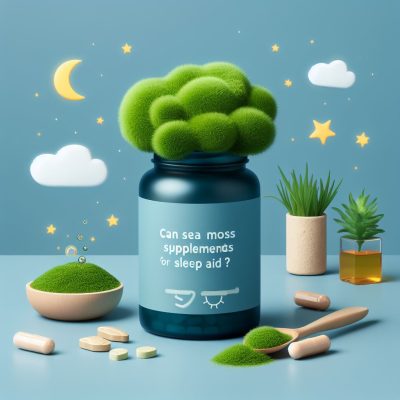 A whimsical image featuring a dark blue supplement bottle with a plush green moss-like top against a soft blue backdrop with a crescent moon, stars, and clouds. Next to the bottle is a bowl with green moss and scattered supplement capsules, a wooden spoon with a mossy substance, two potted plants, and a small glass of amber liquid. The bottle is labeled "Can sea moss supplements aid sleep?