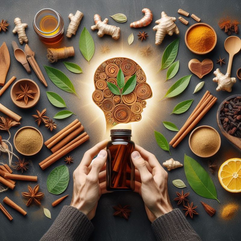 Hands holding a brown bottle with a glowing light bulb above it, symbolizing bright ideas, surrounded by various spices and herbs like cinnamon, star anise, turmeric, and ginger, all laid out on a dark surface.