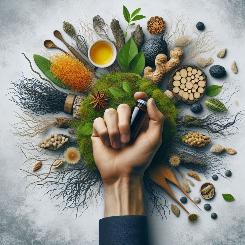A hand holding a small dropper bottle surrounded by an assortment of natural supplements and holistic health ingredients, including roots, leaves, seeds, and moss, on a textured surface.