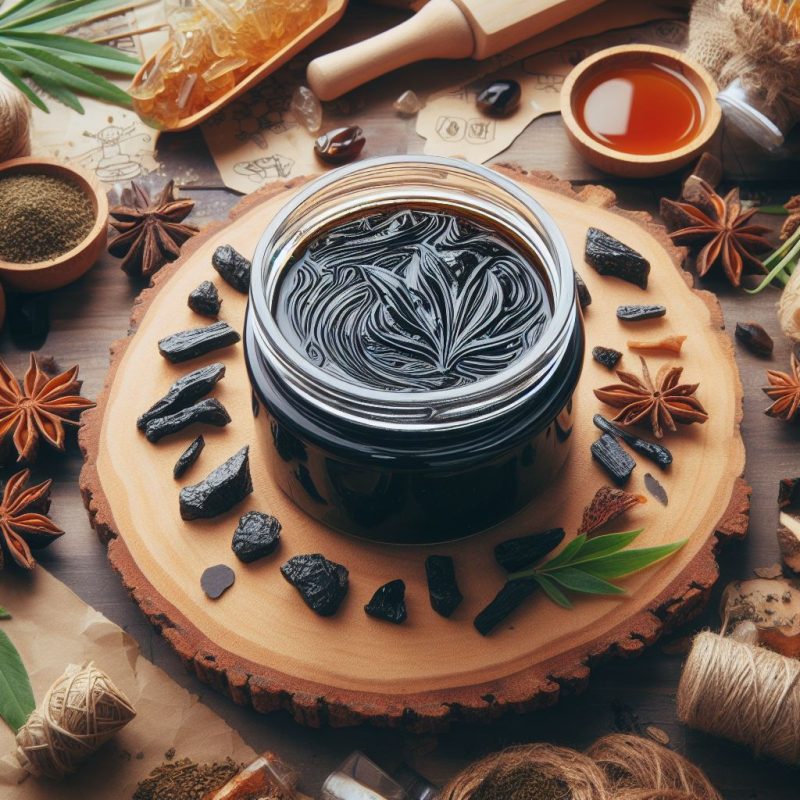 A jar of dark, viscous Shilajit resin with a marbled texture sits on a rustic wooden slice surrounded by natural ingredients including star anise, dried herbs, and loose Shilajit pieces. In the background, there are drawings, a honey dipper, and a cup of tea, evoking an atmosphere of natural wellness and traditional health remedies.