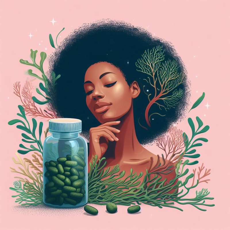 An illustration of a serene woman with a full, lush afro, her profile embodying tranquility. She gently rests her chin on her hand next to a clear bottle of green sea moss supplements. Surrounding her are vibrant illustrations of sea moss, reflecting the natural origin of the supplements. The color palette is soft, with pink background, adding to the calm and holistic vibe of the image.