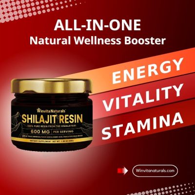 Graphic image showcasing Winvita Naturals' Shilajit Resin jar against a vibrant red background with angled stripes highlighting key benefits: Energy, Vitality, and Stamina.
