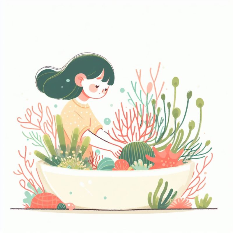 An illustration of a young girl with dark hair tied back, happily arranging a variety of stylized sea plants and coral in soft, pastel colors inside a large white bowl, symbolizing an underwater garden. A cartoonish sea turtle rests beside the bowl.
