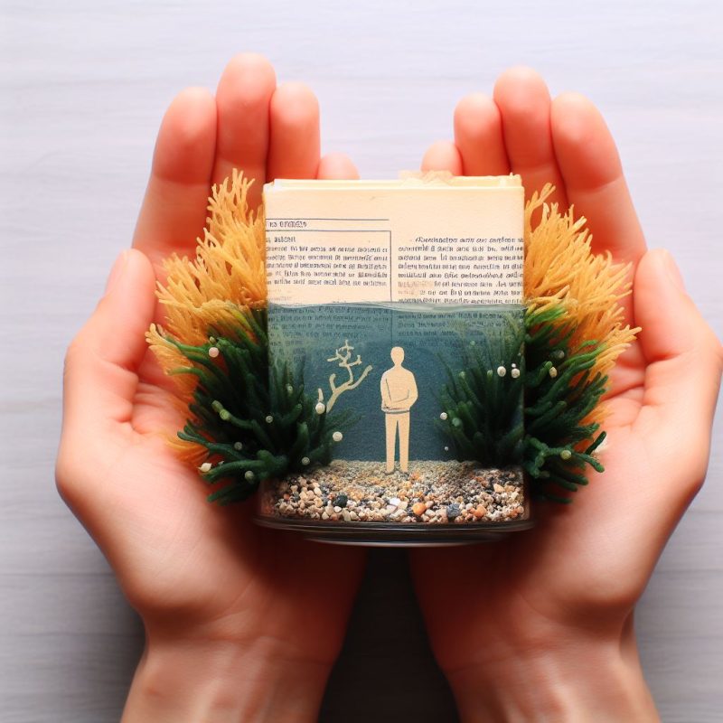 Hands holding a book with a three-dimensional diorama of an underwater scene, featuring coral, pebbles, and a silhouette of a person on the open page.