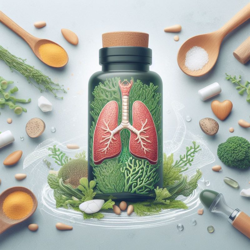 An illustration of a supplement bottle with a label depicting healthy human lungs. Surrounding the bottle are various health-related items like herbs, a wooden spoon with yellow powder, salt crystals, tablets, and a stethoscope, all arranged on a light background.