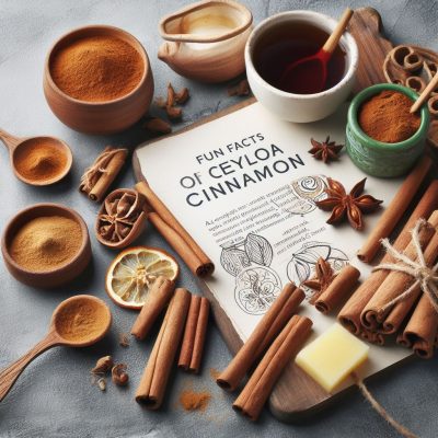 A selection of Ceylon cinnamon sticks and ground cinnamon on a kitchen countertop, accompanied by spices, a cup of tea, and a page titled 'FUN FACTS OF CEYLON CINNAMON