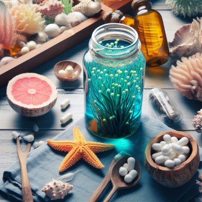 Marine-themed composition with a vibrant jar of blue coral, grapefruit slice, starfish, shells, pills, and amber bottles on a wooden backdrop.
