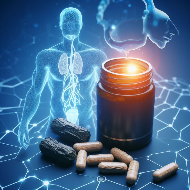 A digital illustration showing a transparent human figure with highlighted respiratory and circulatory systems, with shilajit resin pieces and capsules in the foreground, and an open jar emitting a bright light, symbolizing health benefits.