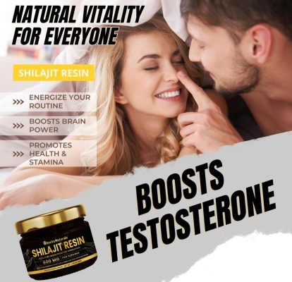 A smiling woman being playfully shushed by a man, both looking intimate and happy, with a jar of Shilajit Resin in the foreground and text highlighting its benefits for natural vitality and testosterone boosting.