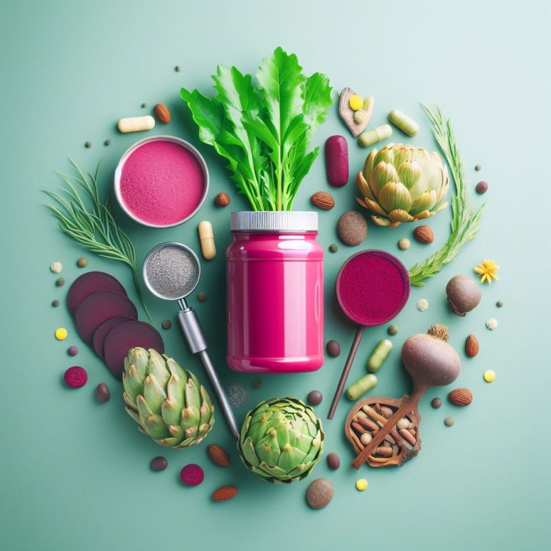A vibrant display of natural supplements and ingredients, including a pink jar, beetroots, artichoke, green leaves, nuts, and various capsules scattered on a teal background, emphasizing a health-focused theme.