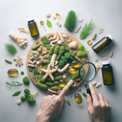 Hands holding a magnifying glass over a wooden tray of assorted green natural supplements, with sea moss capsules, broccoli, starfish, and amber bottles against a light background.