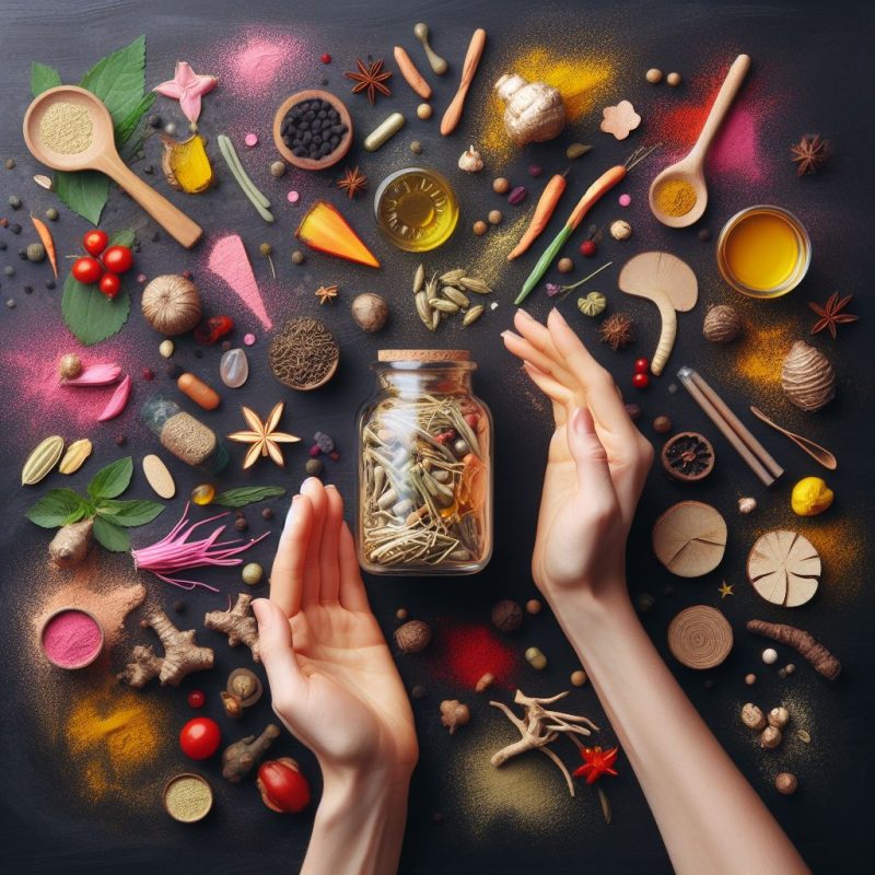 Overhead view of two hands gently holding a clear jar filled with dried herbs and capsules, amidst a colorful array of spices, seeds, herbs, and condiments spread across a dark background. Ingredients include star anise, nutmeg, berries, turmeric, and various other whole and powdered spices creating a rich tapestry of natural health products.