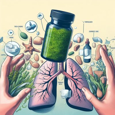 An artistic representation of a respiratory health concept with a pair of human hands holding a transparent supplement bottle filled with green substance, set against an illustrated backdrop of human lungs. Various health-related items like pills, capsules, a starfish, and herbal plants are scattered around, suggesting a connection between natural supplements and lung health.