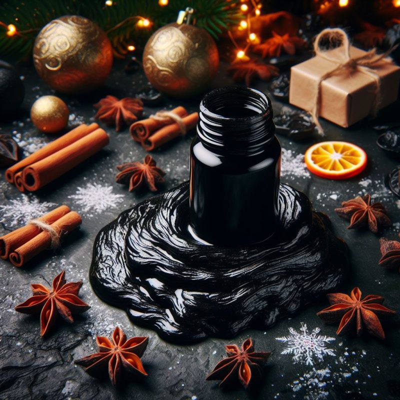 An open bottle of black shilajit resin spilling onto a surface, surrounded by holiday decor including cinnamon sticks, star anise, dried orange slices, and festive baubles, with soft glowing lights in the background.