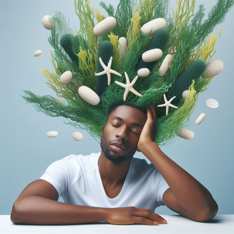 A creative portrait of a man with his eyes closed and head resting on his hand, evoking a sense of calm and relaxation. His hair is artistically replaced with a 3D collage of sea moss, starfish, and capsules, symbolizing a connection to the ocean and possibly the health benefits of sea moss supplements. The overall aesthetic is serene, with a soft blue background that complements the tranquility of the image.