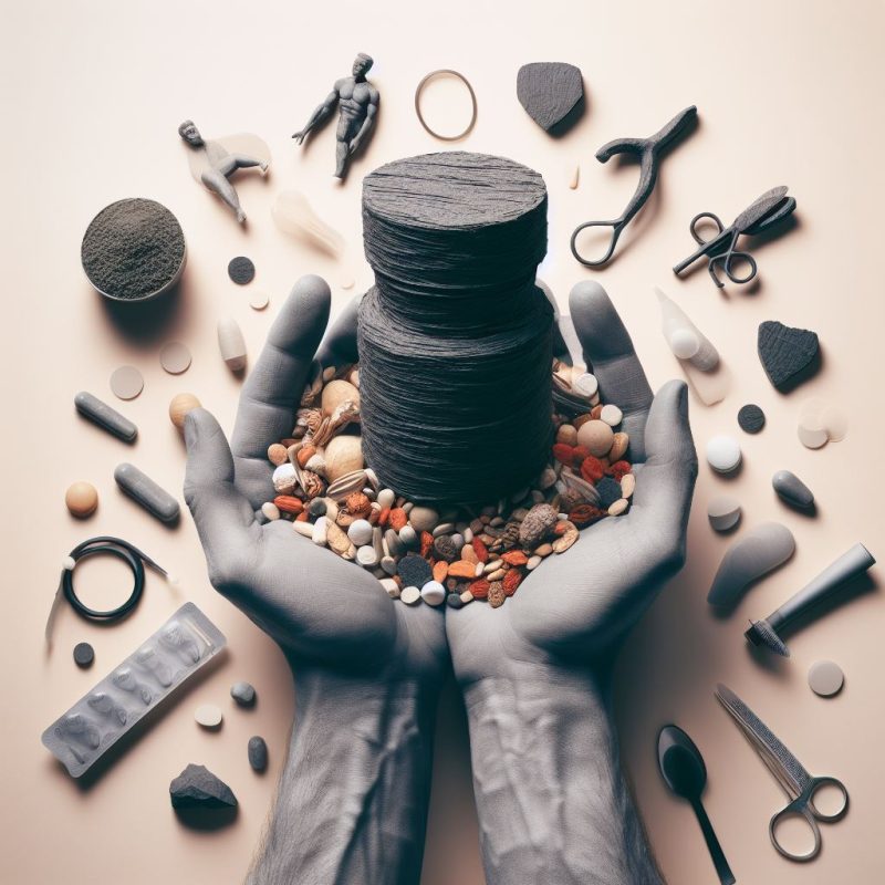 A conceptual image depicting two hands cradling a stack of dark, circular shilajit resin discs surrounded by an assortment of natural health supplements, miniature human figures, and wellness tools on a neutral background.