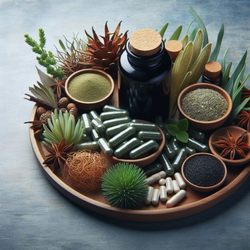 A wooden tray on a gray surface filled with a variety of herbal supplements in green capsules, alongside small bowls of powders, seeds, and an array of succulent plants, conveying a natural health and wellness theme.