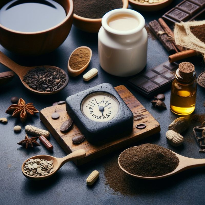 A selection of spices and supplements, including a block of Shilajit resin with a clock face imprint, surrounded by wooden spoons of powders, a jar of liquid, pills, and chocolate on a dark surface.