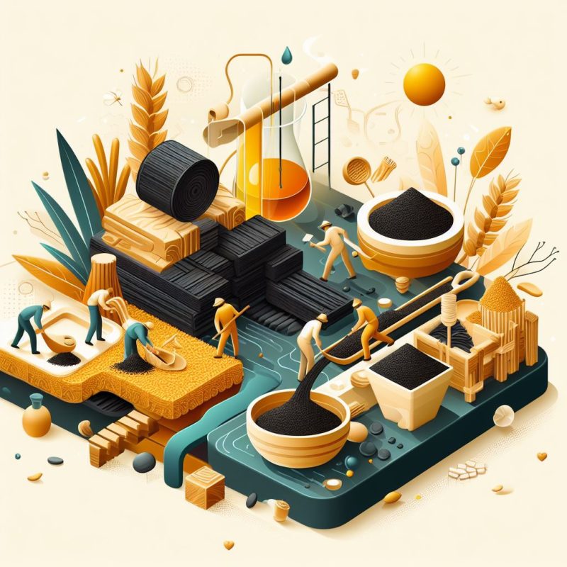 This is an illustrative artwork depicting an abstract, isometric food production scene. It features miniature workers engaged in various activities associated with food processing and agriculture. Central elements include golden wheat sheaves, honeycombs, and flowing liquids, possibly oils. Black grains are being processed in the center, with workers shoveling them into various containers. The scene includes a water mill, test tubes, a sun icon, and plants, which may symbolize natural ingredients and energy sources. The image's colors are primarily warm yellows, oranges, and blacks, emphasizing a theme of organic and natural food production.