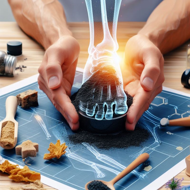 A conceptual image featuring a pair of hands gently enclosing a glowing holographic representation of a foot and ankle above a small black mound, set on a schematic drawing of foot anatomy. Various natural supplements and health-related items are scattered around the workspace, merging holistic health with technological imagery.