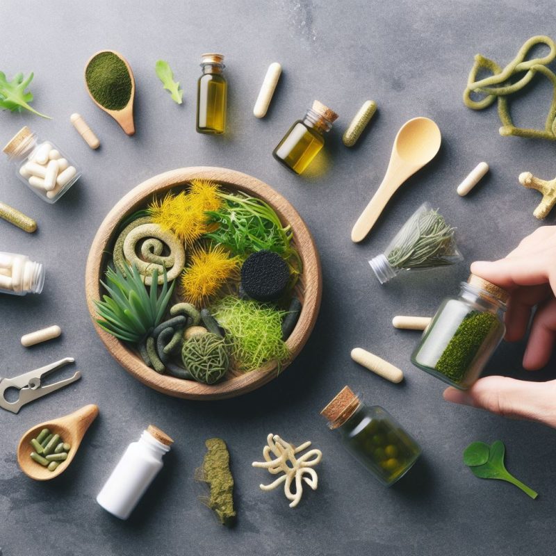 Overhead view of a wooden bowl filled with assorted green plants and moss, surrounded by various wellness items like herbal capsules, green powder in a spoon, essential oil bottles, and a hand holding a jar with green granules, all set on a slate gray background.