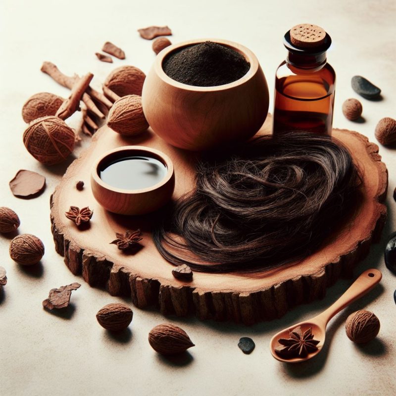 An artistic composition on a wooden tree slice featuring a swirl of natural dark hair, a bowl filled with black Shilajit resin, a small container with a translucent liquid, and a glass bottle with a brown liquid beside star anise, nutmeg, and cinnamon sticks, creating a theme of organic hair care ingredients.