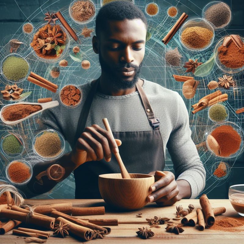 A man grinding spices in a mortar and pestle surrounded by an array of various spices and herbs, including cinnamon sticks and powder.