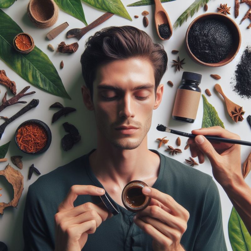 A man with his eyes closed holds an open jar of dark brown beauty product, while another person applies it to his cheek with a brush. Surrounding him are various natural ingredients like leaves, seeds, star anise, cinnamon sticks, and a small bottle with a neutral label, all neatly arranged on a white background, evoking a sense of natural skincare and wellness.
