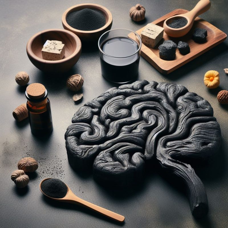 A detailed wooden brain sculpture placed on a slate surface alongside bowls of grains, walnuts, a dark liquid in a glass, a vial of powdered substance, and a wooden spoon, representing brain health ingredients.