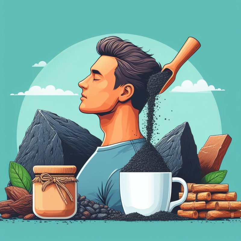 This is a stylized illustration featuring a man in profile with his eyes closed, evoking a sense of tranquility. Above his head is a hammer breaking a piece of rock, from which a flow of fine black particles cascades down his neck, symbolizing perhaps a natural element being harvested or transformed. Beside him, there is a jar with a rustic look, tied with a string, possibly representing a natural product such as honey or a health supplement. To the right is a white mug, suggesting a setting of relaxation or a beverage routine. In the foreground, there are almond nuts, a green leaf, and cinnamon sticks, all resting atop a bed of small round seeds or berries, indicating a focus on natural, healthful ingredients. The background features mountain peaks and a serene sky with fluffy clouds, adding to the overall calming and natural theme of the artwork.