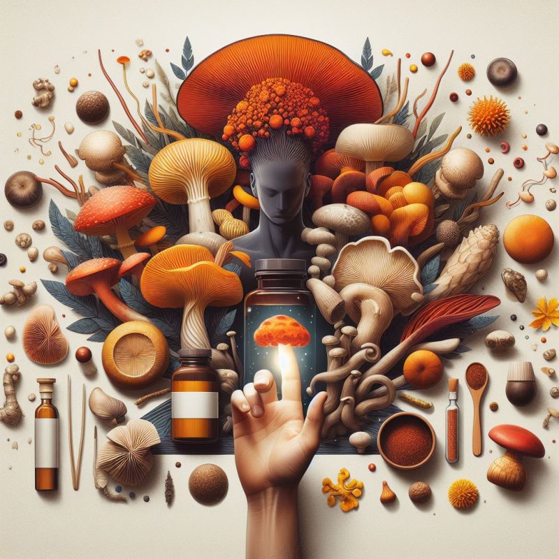 A stylized illustration of a figure surrounded by an array of mushrooms, holding a lit capsule with vibrant contents, symbolizing natural health and vitality.