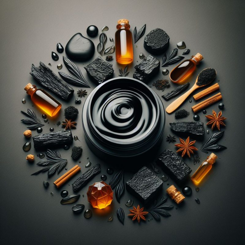 A symmetrical arrangement of natural wellness products centered around a circular black bowl with a spiral pattern. The composition includes charcoal pieces, essential oil bottles, star anise, cinnamon sticks, and scattered herbs on a dark background, creating an atmosphere of holistic health and natural remedies.