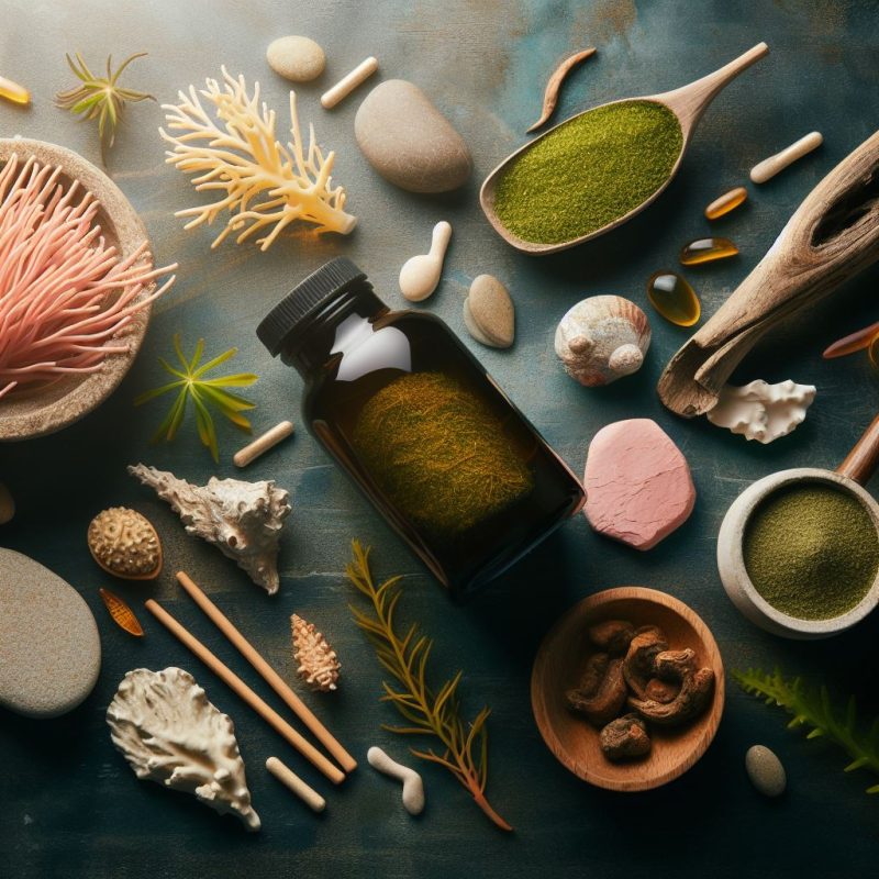 Top-down view of a bottle containing green sea moss powder, surrounded by natural sea elements like corals, shells, and driftwood, with scoops of vibrant green sea moss powder on a teal backdrop.