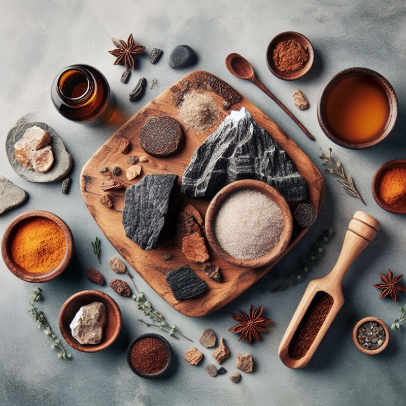 An assortment of natural wellness ingredients laid out on a rustic wooden board and surrounding surface, including chunks of black Shilajit resin, powders, and spices like turmeric and star anise, with a small wooden scoop, tea in a glass, and various herbs.
