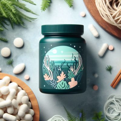 A dark green supplement bottle with a decorative ocean scene label sits on a gray surface, surrounded by an array of pills, twine, and natural elements like fern leaves, suggesting a theme of health and nature.