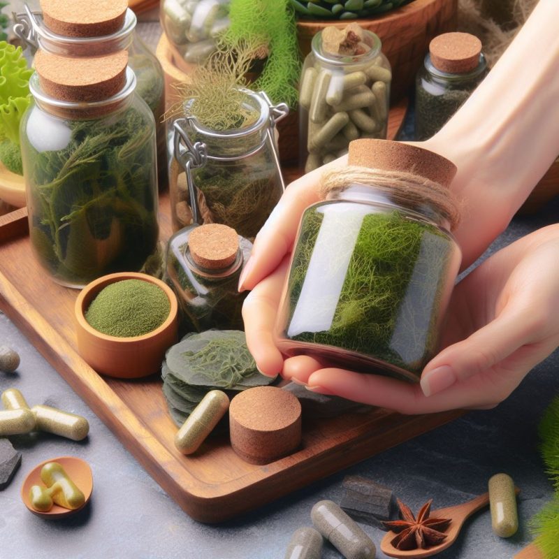 Hands holding a jar of green sea moss powder with various natural supplements and herbs on a wooden tray, showcasing a selection of holistic health products.