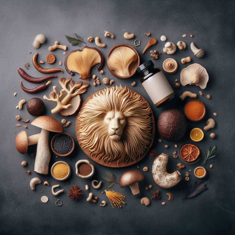 An artistic arrangement featuring a lion's head sculpted from mushrooms, surrounded by various types of mushrooms, herbs, and spices on a dark background, representing a fusion of natural ingredients and majestic wellness.