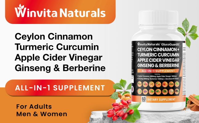 Winvita Naturals' dietary supplement bottle labeled 'GlucoGuardXI' featuring Ceylon Cinnamon, Turmeric Curcumin, Apple Cider Vinegar, Ginseng, and Berberine, highlighted as an all-in-one supplement for adults, with images of the ingredients and a '60 capsules' indication on the label.