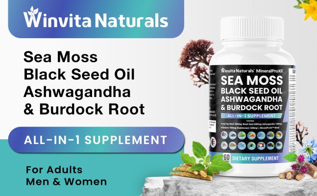 Winvita Naturals' dietary supplement bottle with ingredients like Sea Moss, Black Seed Oil, Ashwagandha, and Burdock Root listed on it, labeled as an all-in-one supplement for adults.