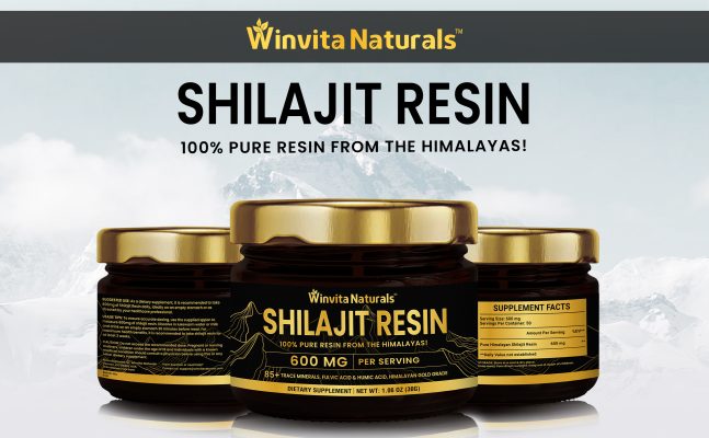 Three jars of Winvita Naturals Shilajit Resin with gold lids, labeled '100% PURE RESIN FROM THE HIMALAYAS! 600 MG PER SERVING,' against a mountainous backdrop.
