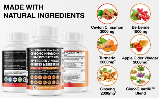 This is an image showcasing Winvita Naturals' GlucoGuardXI™ dietary supplement, highlighting its natural ingredients. The central focus is on two white supplement bottles with orange and black labels detailing the product name and ingredients. To the right, there are five circles with images and text inside each, indicating the key components: Ceylon Cinnamon 3000mg, Berberine 1500mg, Turmeric 2000mg, Apple Cider Vinegar 3000mg, and Ginseng 2000mg, along with a unique GlucoGuardXI™ Blend. The background and design elements emphasize the natural and health-focused branding of the product.