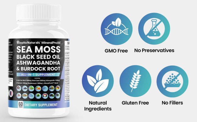 A bottle of Winvita Naturals' MineralProXI™ dietary supplement, featuring Sea Moss, Black Seed Oil, Ashwagandha, and Burdock Root, highlighted as an all-in-one supplement. The product is GMO-free, contains no preservatives, uses natural ingredients, is gluten-free, and has no fillers, as indicated by the accompanying icons.